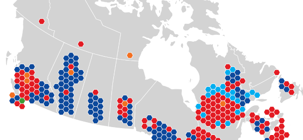 Hexagonal map of Canadian federal election districts coloured according to electoral results