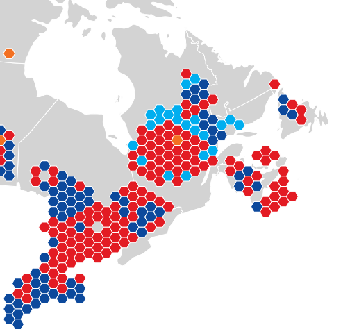 Hexagonal map of Canadian federal election districts coloured according to electoral results