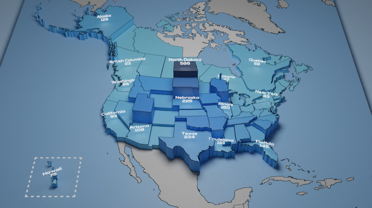 Screenshot of 3D animation of the COVID-19 pandemic's spread across North America