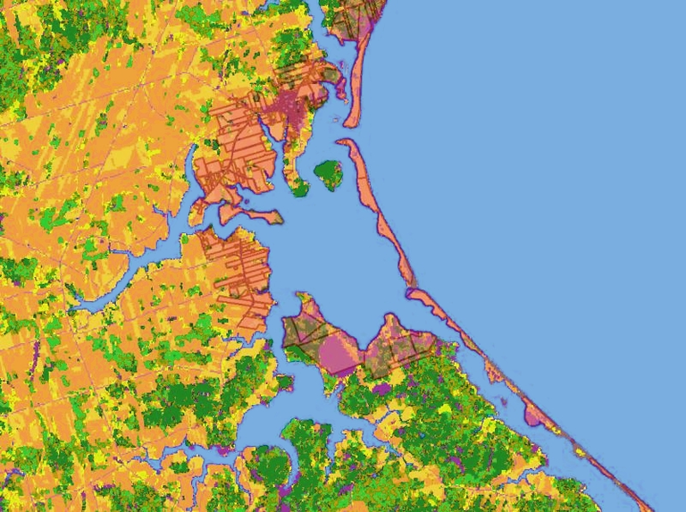 Map of land parcels overlayed with land cover map in Atlantic Canada
