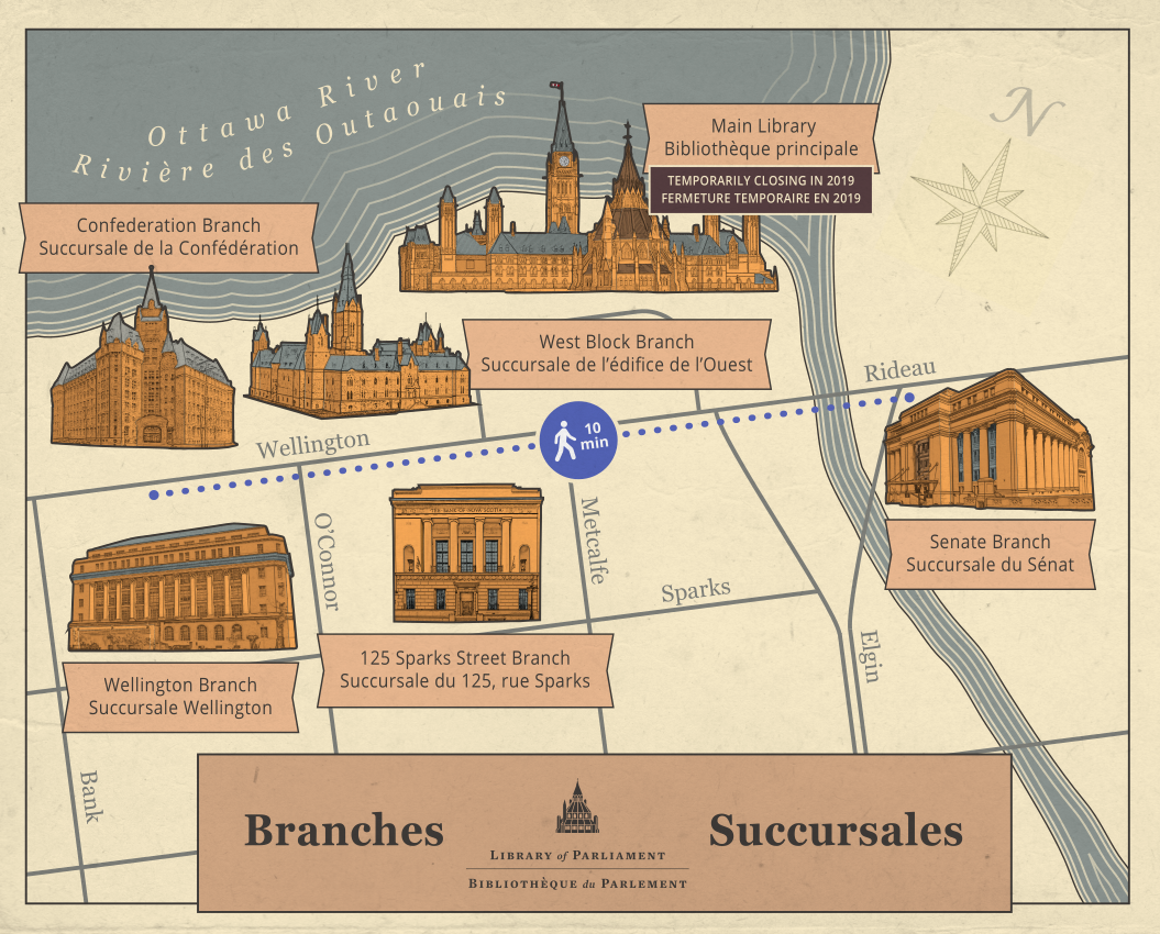 Illustrative map of the branches of the Canadian Library of Parliament located in Ottawa, Ontario