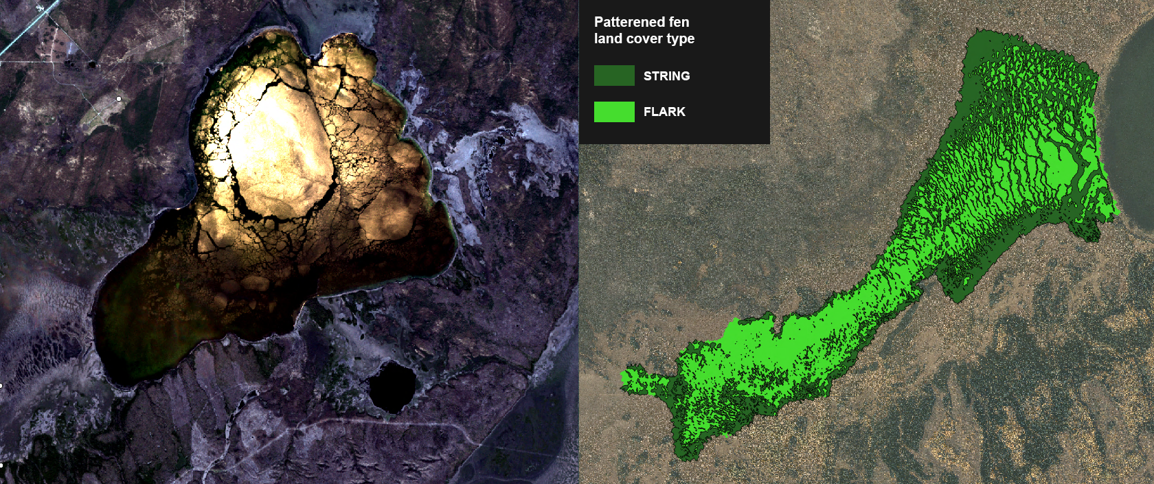 Pseudo-coloured image (left) and map of strings and flarks (right) in the McClelland Lake wetland complex 