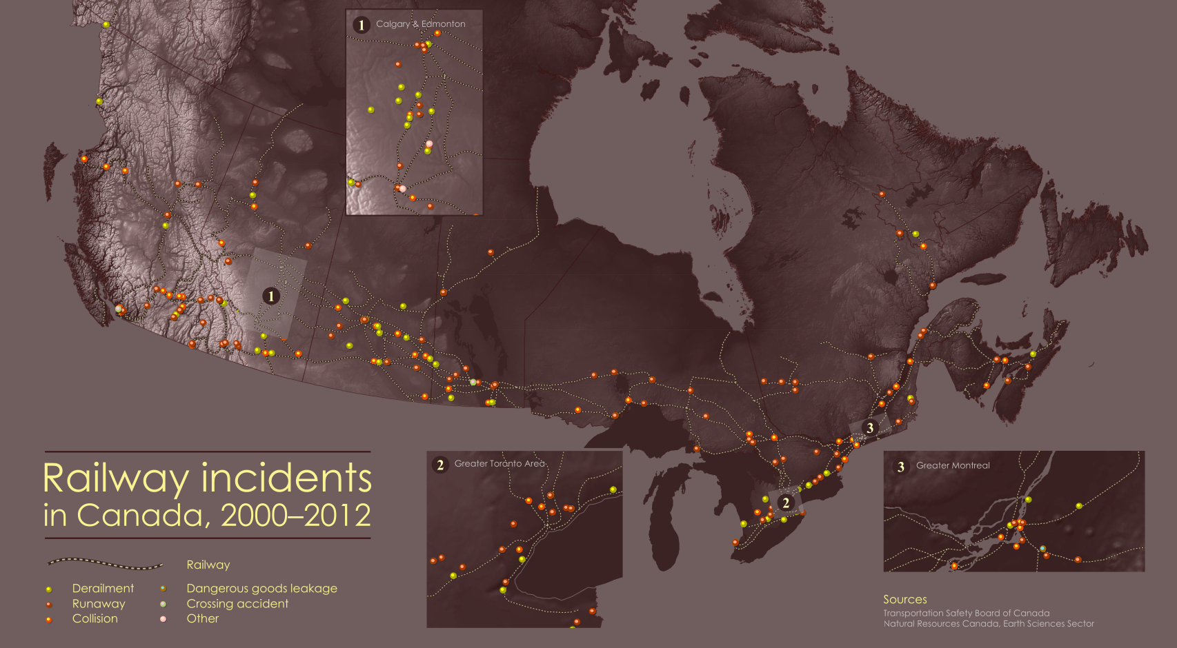 Map of railway incidents involving dangerous goods in Canada between 2000-2012